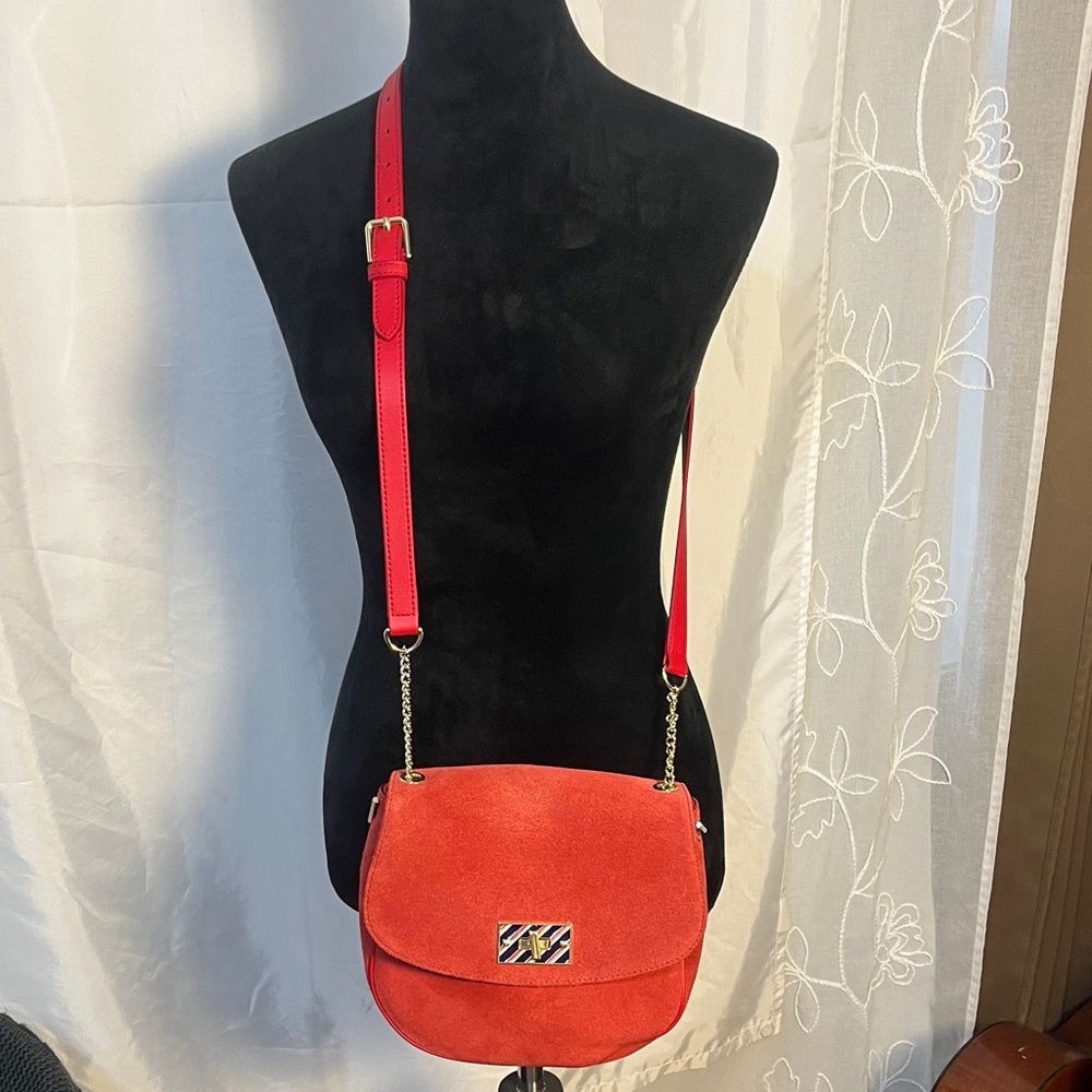Talbots Red Suede Crossbody Bag with Gold Chain